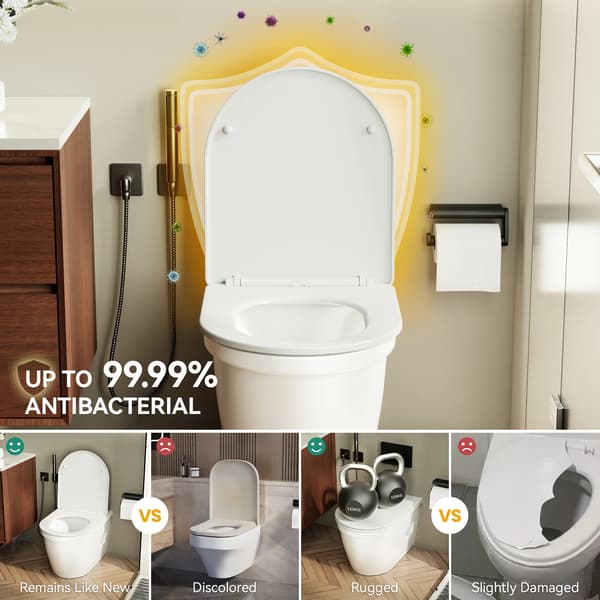 Toiletbræt, Holdbart PP-materiale, Blød-lukningsmekanisme,Hvid, D-formet
