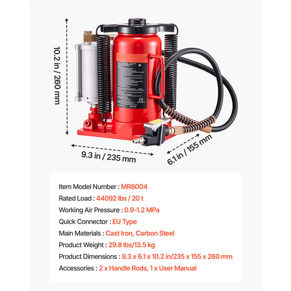 Hydraulinen pullojack, 20 tonnin kapasiteetti, kaksoiskäyttötilat,Punainen