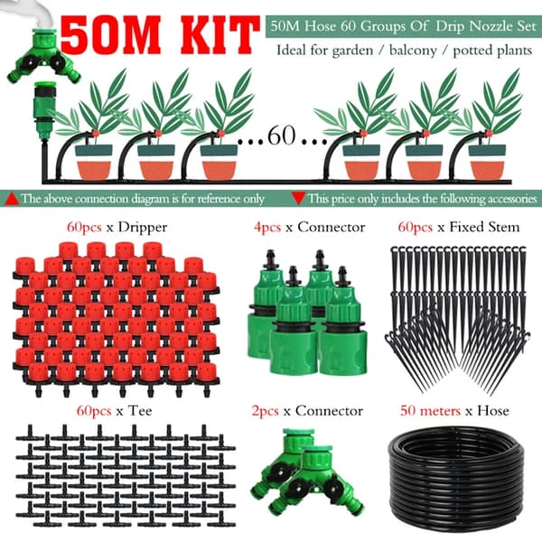 Automatisk bevattningssystem, justerbar längd, mikrospray-kit, 50m Kit