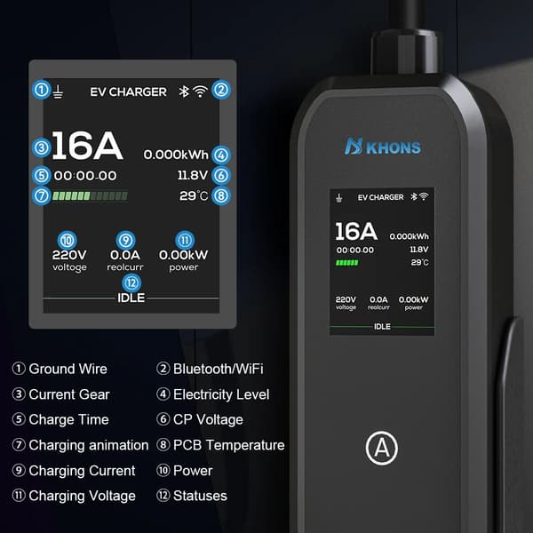 Bærbar EV-lader, App-kontrol, IP65 vandtæt,sort
