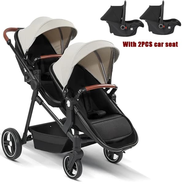 Tvillingbarnvagn, Lättviktig, Mångsidig Design,Khaki med 2 bilstolar