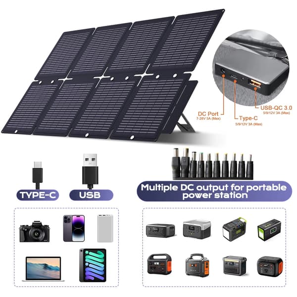 Solpanel, 60W effektudgang, 24% effektivitet, kompakt bærbart design, flere USB- og DC-udgange, 8-foldbar struktur