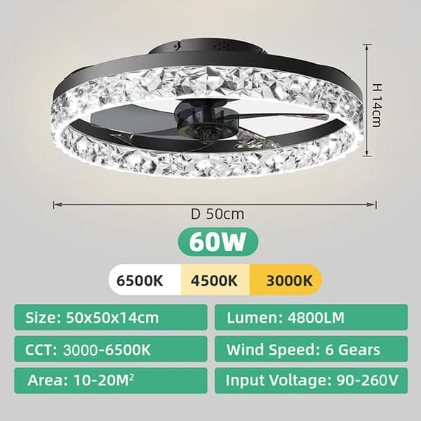 Loftventilatorlampe, Smart Fjernbetjening, Stille Drift,sort
