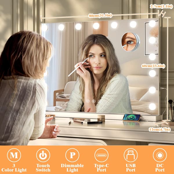 Makeup Spejl, 17 LED Lygter, Dæmpbar med 3 Farvemode,HVID