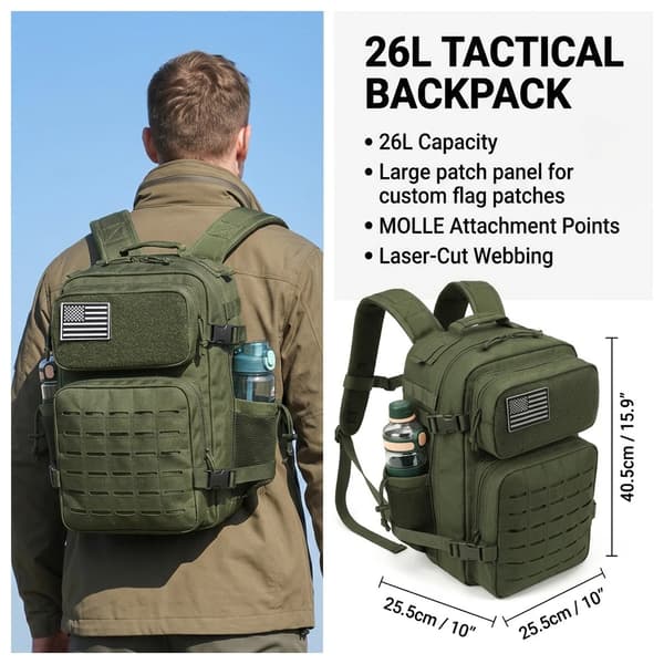 Taktisk Rygsæk, 26L Kapacitet, MOLLE System,Grøn