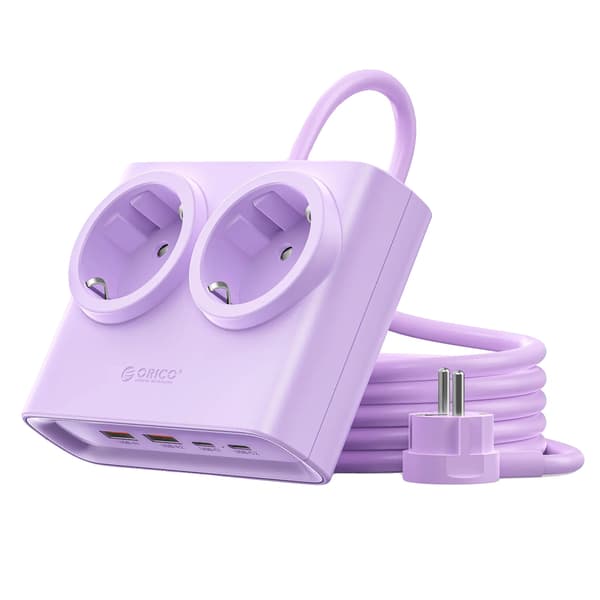 Strømstik, 2 AC-stik, 2 USB-porte,25W EU Lilla