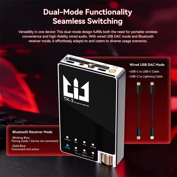 Audio DAC & Hovedtelefonforstærker, Dual ES9039Q2M Chip, Bluetooth-forbindelse,Sort
