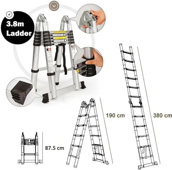 Teleskopstige, Rustfrit Stål, 150 kg Kapacitet,1.9M+1.9M( rustfrit stål)