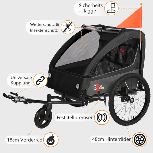 Børnecykeltrailer, Stødabsorberende Dæk, Sammenklappeligt Design,Sort