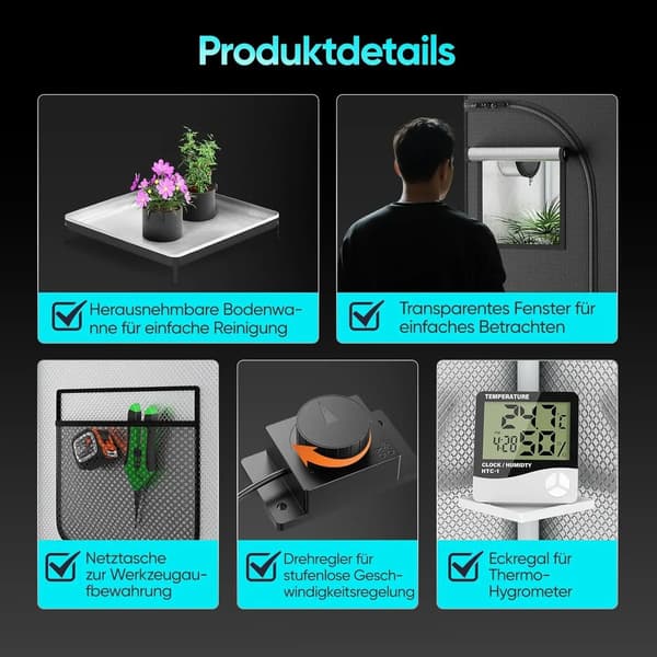 Væksttelt, Fuldspektret LED-lys, Effektivt ventilationssystem,sort