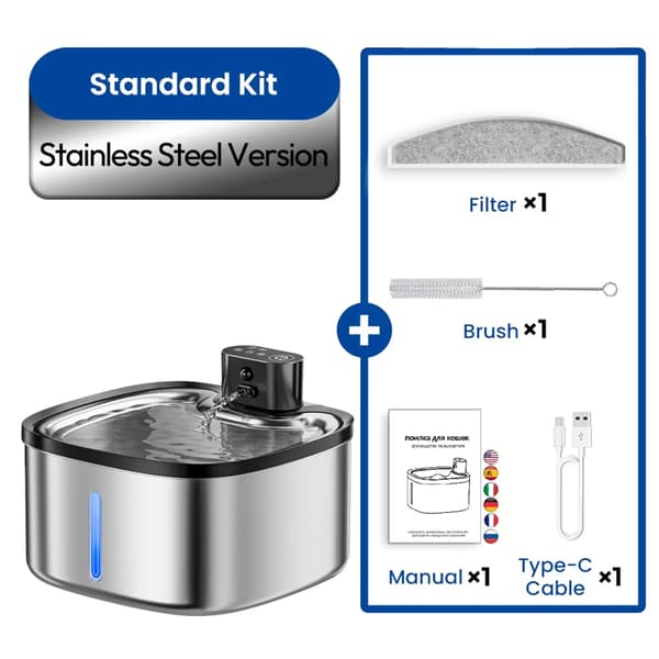 Kattevandfontæne, Rustfrit Stål, Smart Sensor,Standard sæt, Global version, 3.5L, Rustfrit stål