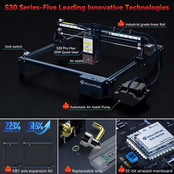 Lasergravyr, Luftassistanssystem, Avancerad Kontrollteknik,SCULPFUN S30 Pro Max, EU