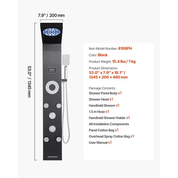 Bruserpanel System, Regn- og Vandfaldsindstillinger, Holdbart Design,6Outlet