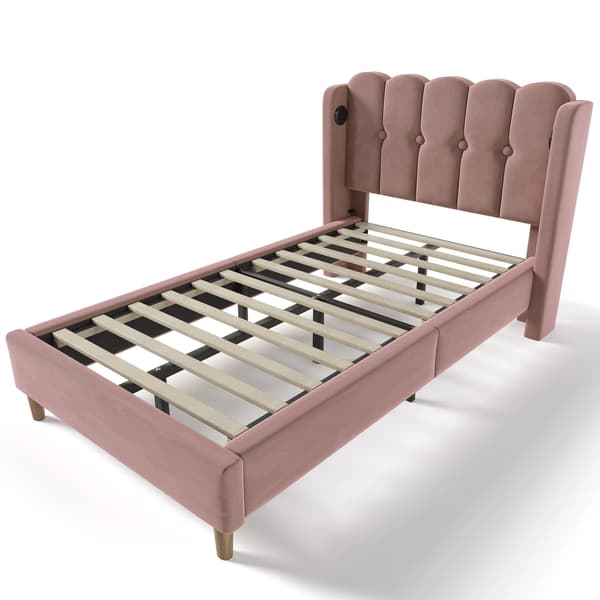Säng, Sammetmaterial, USB Typ-C Laddning,Rosa, 90*200cm