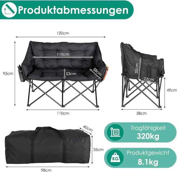 Campingstol, Polstret, Sammenklappelig,Sort