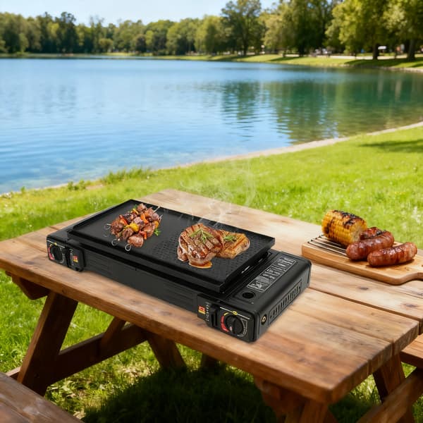 Leirintäkeittin, kaksipoltin, kannettava BBQ,musta