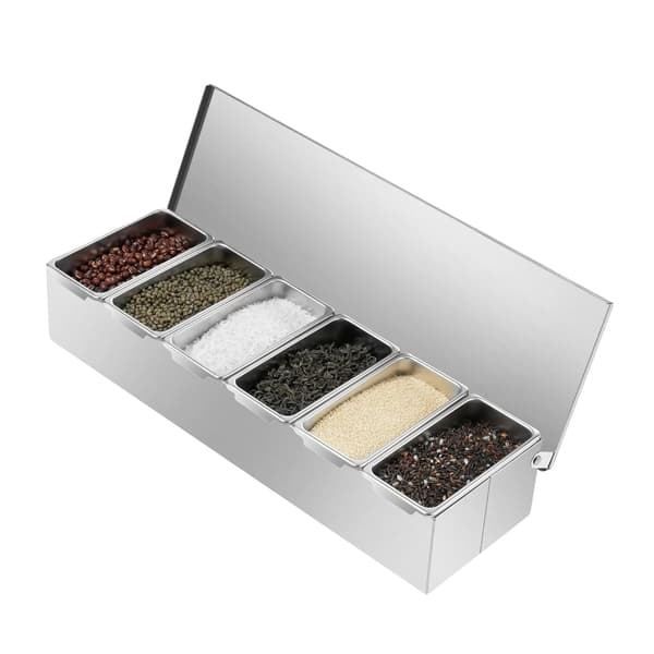 Krydderi dispenser, rustfrit stål, 6 rum design,Sølv
