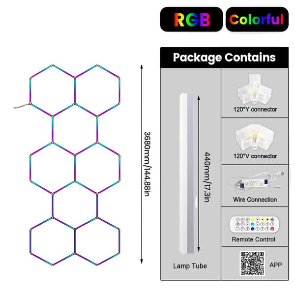 LED Lys, Hexagonal Design, Bluetooth Kontrol,3 med 5-Hul