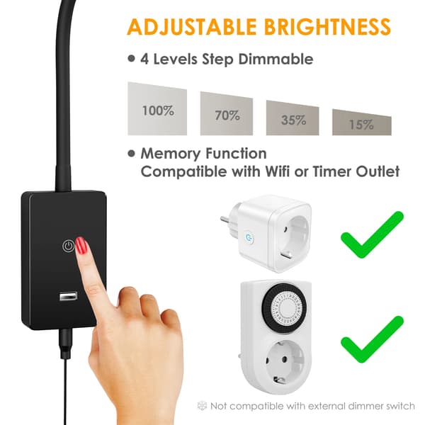Seinälle Asennettava LED-lukuvalo, Himmennettävä, USB-latausportti,musta