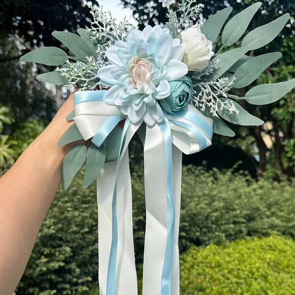 Kunstig Blomsterdekoration, Eucalyptusblade, Satinbånd Ornament,Blå