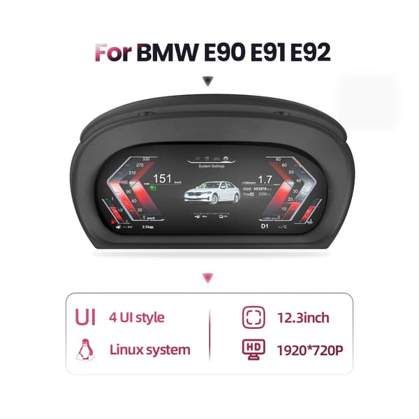 Dashboard Speedometer Panel, 12,3 tommer LCD-skærm, kompatibel med BMW E90 E91 E92, sort