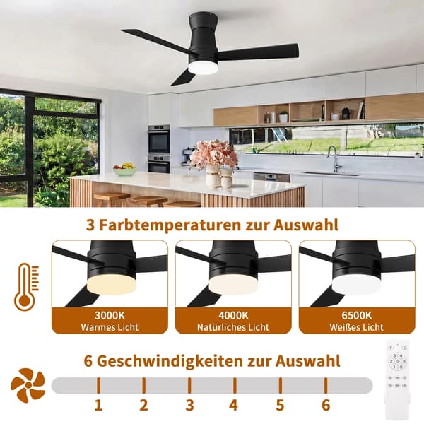Loftventilator, Integreret LED-lampe, Stille drift,sort