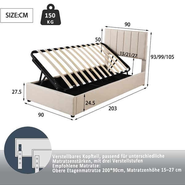 Polstret Seng, Opbevaringsfunktion, Nem Montering,Beige, 90 × 200cm