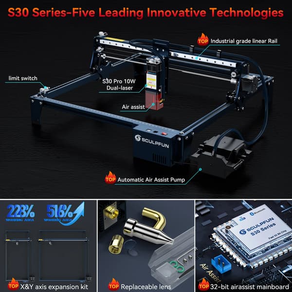 Lasergravyr, Automatisk Luftassistans, Högprecisionsskärning,SCULPFUN S30 Pro, EU