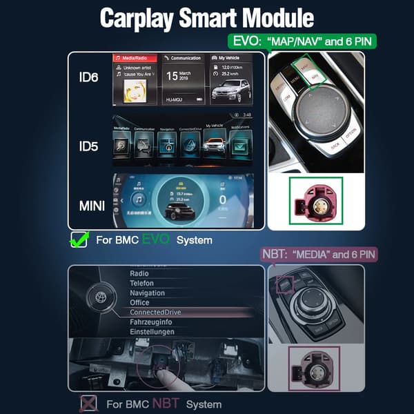 CarPlay/Android Auto System, Kompatibel med BMW EVO, Trådløs Forbindelse, Plug and Play Installation,Til BMW EVO