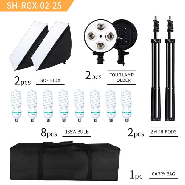 Fotostudio Softbox Kit, 2 stk. Softboxes, 2 stk. Stativere,8stk 135W lys