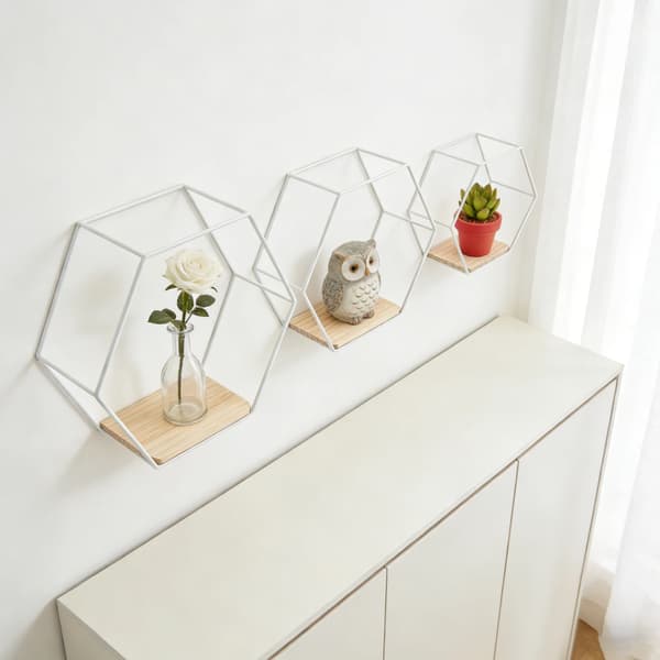 Flytande hyllor, hexagonform, väggmonterad design,VIT