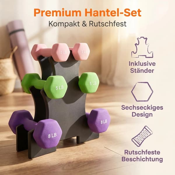 Håndvægtsæt, 3 lbs, 5 lbs, 8 lbs, Hexagonal Design, Skridsikker Belægning