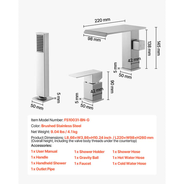 Badekar Vandhane, 3-Huls Installation, Høj Flow Rate,Bred nikkel