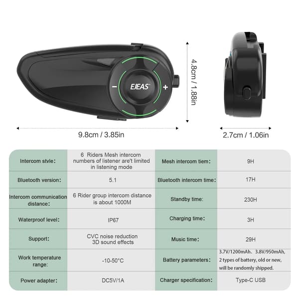 Intercom-system, Bluetooth 5.1, Vandtæt IP65,1PC Q8 og 1PC EUC