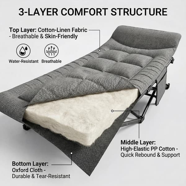 Camping säng, Fällbar design, Mjuk dämpning,Grå