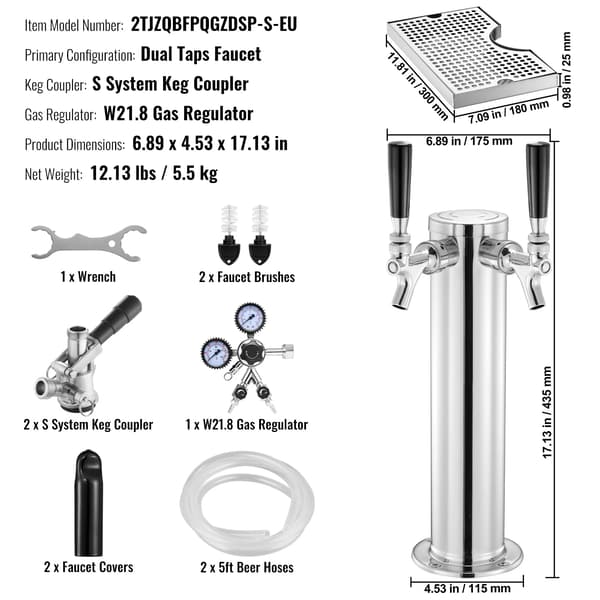 Kegerator Tornkit, Rostfritt Stål, Dubbelmätare Regulator,2 kran S droppskål