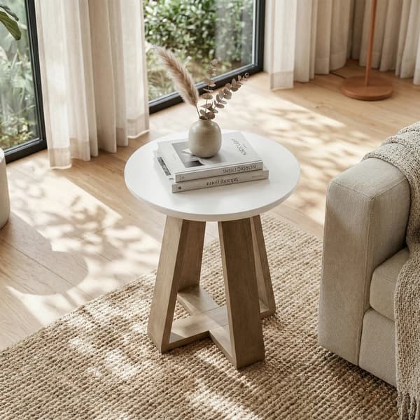 Rund Sidobord, Modern Design, Lätt Montering,Vit och Brun