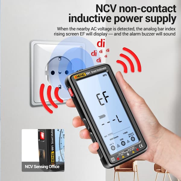 Digital multimeter, 5 tommer baggrundsbelyst LCD, genopladelig,sort