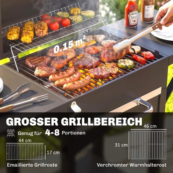 Kolgrill, Stort Grillområde, Inbyggd Termometer,armégrön