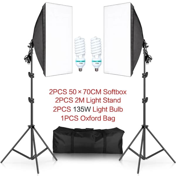 Softbox belysningskit, justerbar stativ, E27 kompatible pærer,135W pærer