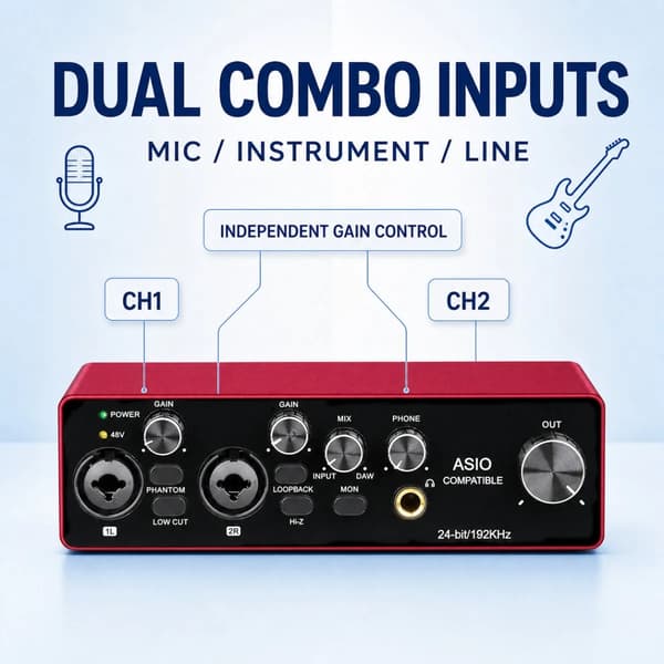 Lydinterface, 24-bit/192kHz, USB-drevet (5-20V DC), 48V phantom strøm, PC- og Mac-kompatibel, Metalhus