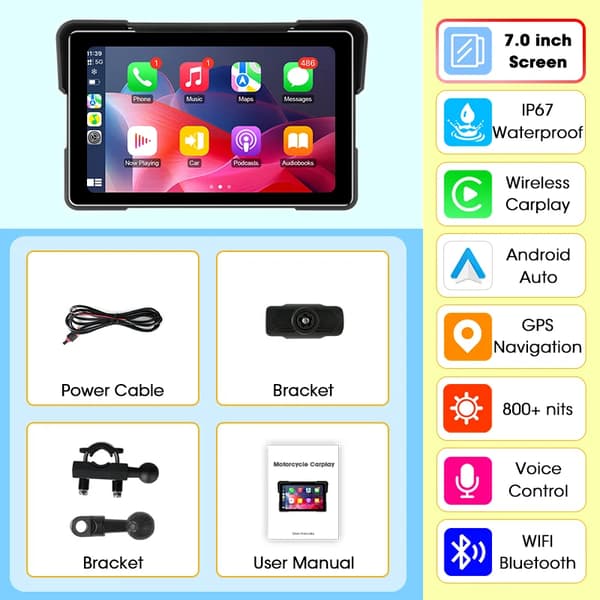 Motorcykel GPS Navigator, Trådløs Carplay, Android Auto Support,7 tommer