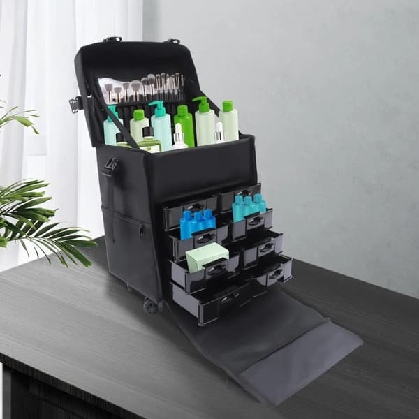 Makeup Case, Bærbar Trolley Organizer, 8 Store Skuffer,sort