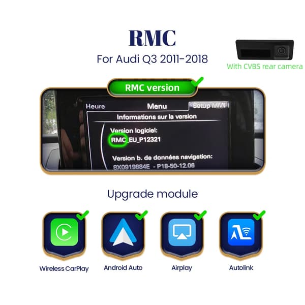 Langaton CarPlay Android Auto -moduuli, Bluetooth-yhteys, navigointituki,Q3 RMC +CAM