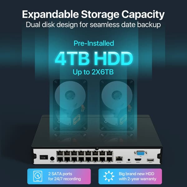 Netværksvideooptager, 4TB lager, AI-detektion,4T