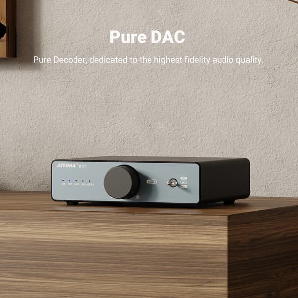 DAC-dekoder, PCM 768kHz/32Bit, DSD512, USB/Koaxial/Optiska ingångar, Dubbel RCA-utgångar, CE-certifiering
