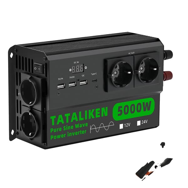 Strømomformer, 4 europæiske stikkontakter, LED voltmeter,24V5000W220VEU-sort