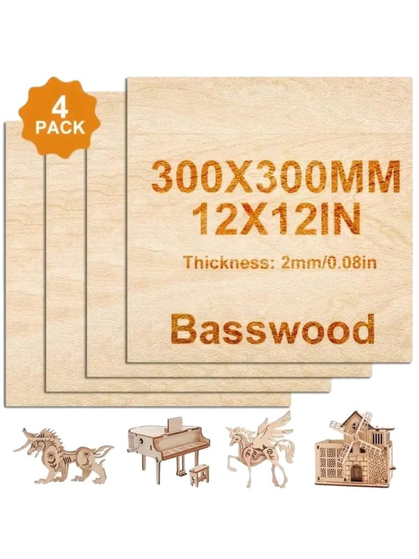 Ubehandlet træ, 2 mm tykkelse, 12 x 12 tommer,4pcs
