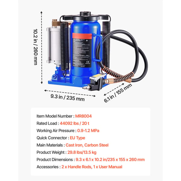 Hydraulinen pullojack, 20 tonnin kapasiteetti, kaksoiskäyttötilat,Sininen