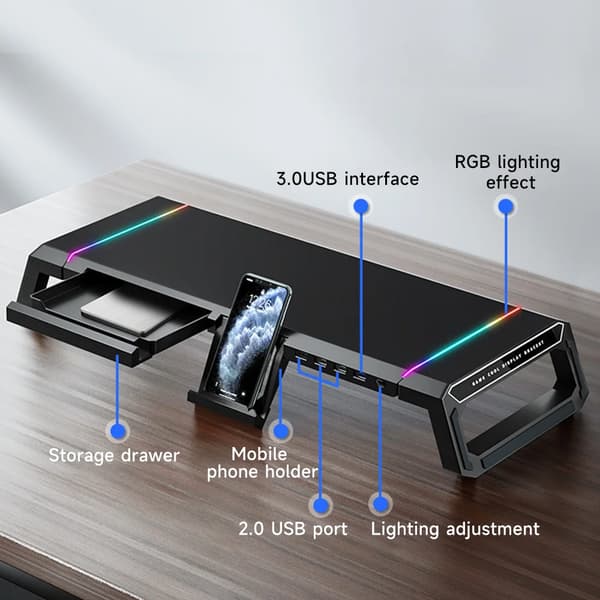 Monitorstand Riser, Ergonomisk Design, Indbyggede USB 3.0 Porte,sort